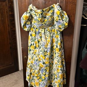Abercrombie & Fitch Emerson Puff-Sleeve Midi Dress Lemon Print Size L NWT